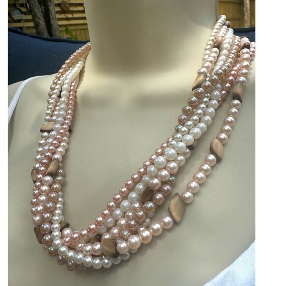 Vintage Japan Multi-Strand Faux Pearl & Tiger Eye Bead Necklace - Picture 8 of 9